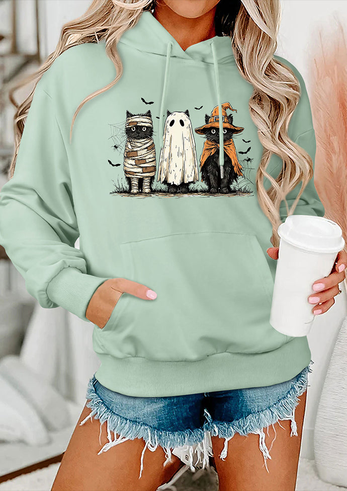 Spooky Cat Print Hooded Casual Sweatshirt
