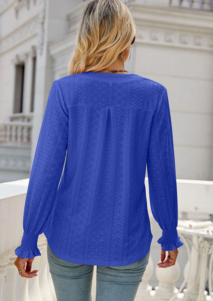 Jacquard V Neck Smocked Cuff Blouse