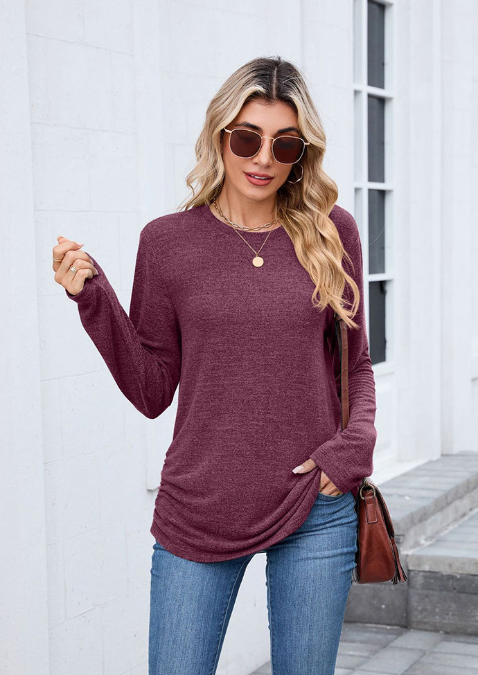 Side Pleated Crew Neck Long Sleeve T-shirt