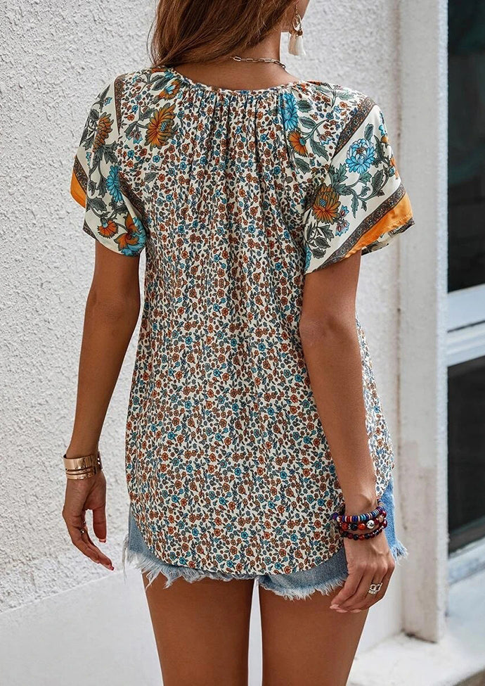 Floral Boho Tie Detail V Neck T-shirt