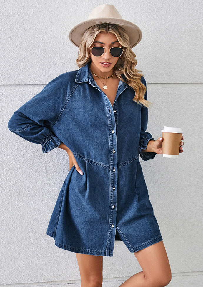 Washed Button Up Denim Shirt Dress