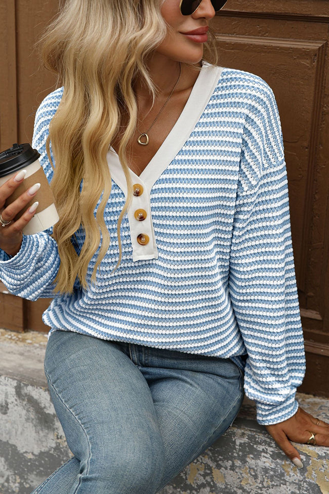 Button Detail V Neck Long Sleeve T-shirt
