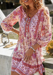 Button Detail Print Boho Mini Dress
