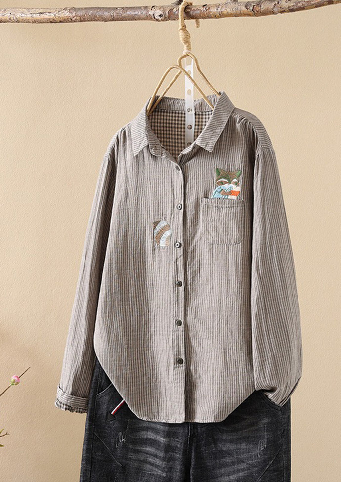 Fox Embroidered Striped Button Up Shirt