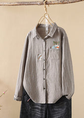 Fox Embroidered Striped Button Up Shirt