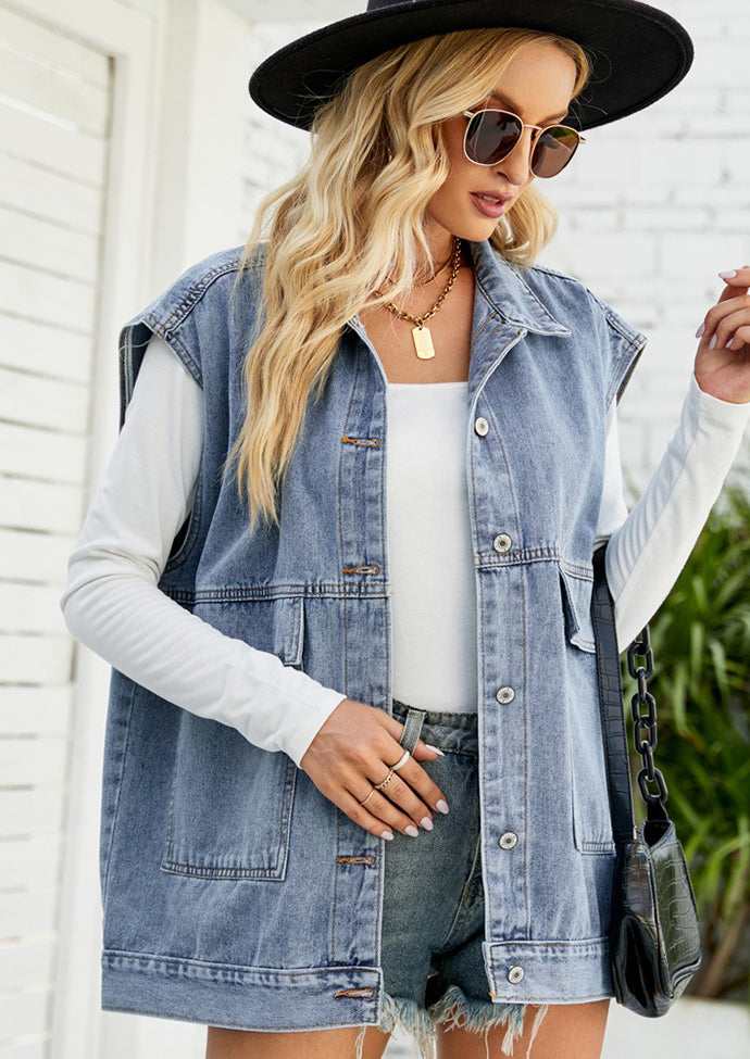Button Up Denim Vest with Pockets
