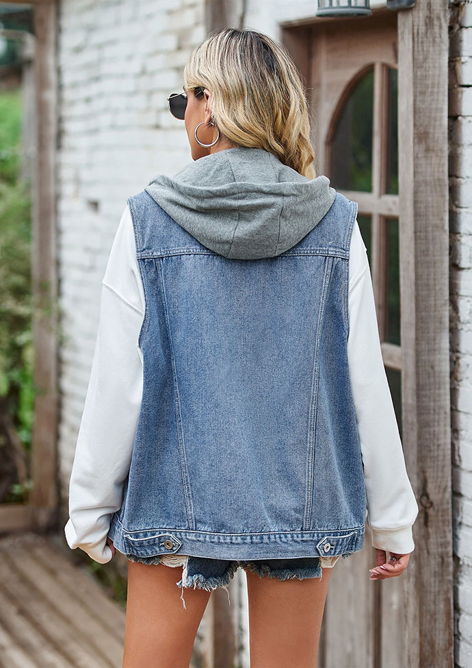 Button Up Hooded Denim Vest with Pockets
