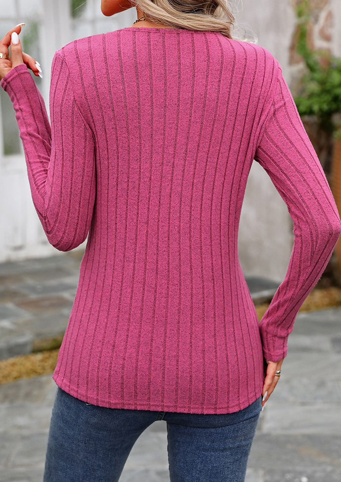 Crossed Hem Button Detail Textured Casual T-shirt