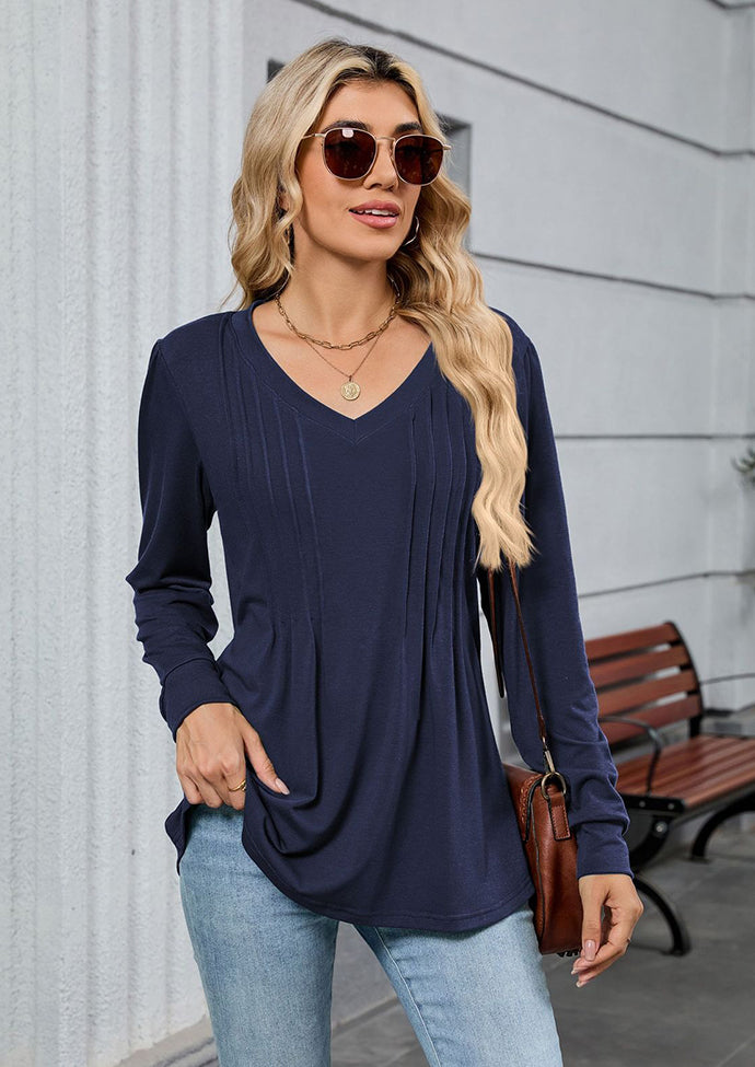 V Neck Pleated Long Sleeve Casual Tunic