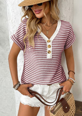 Striped Contrast V Neck Knitted T-shirt