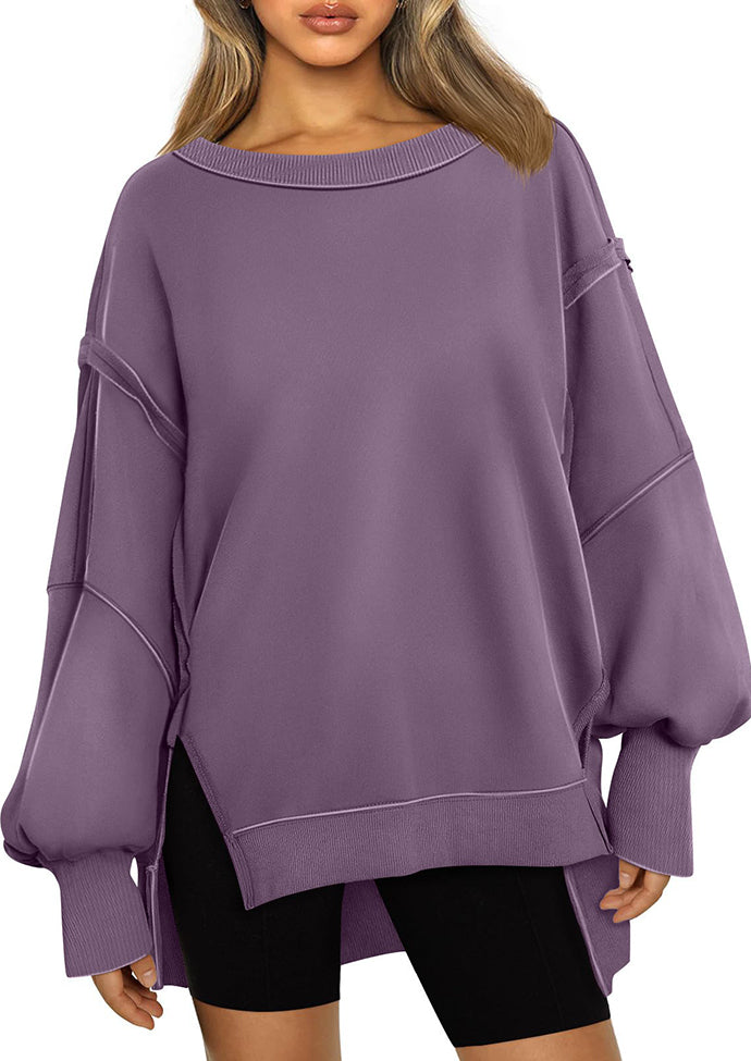 Crew Neck Side Split Casual Sweatshirt