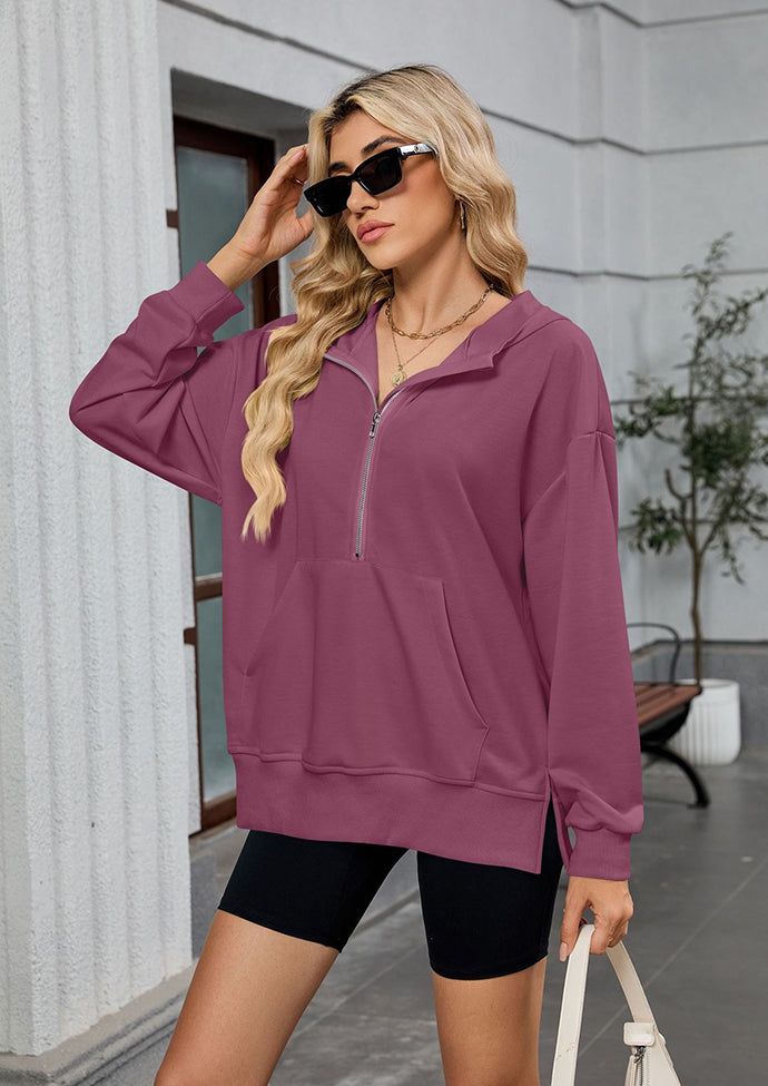Half Zip Size Split Hoodie with Front Pocket