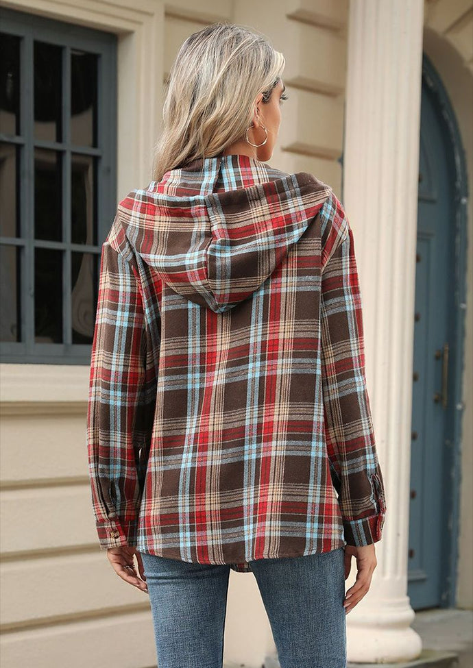 Plaid Button Up Hooded Tie Detail Casual Blouse