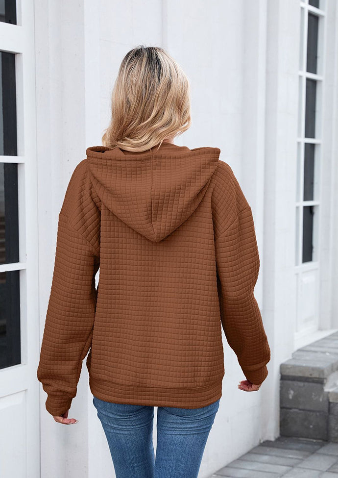 Textured Tie Front Pocket Detail Casual Hoodie