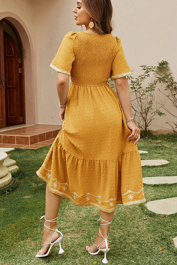 Textured Smocked Midi Dress with Embroidered Trim - Dresses from Cindelily