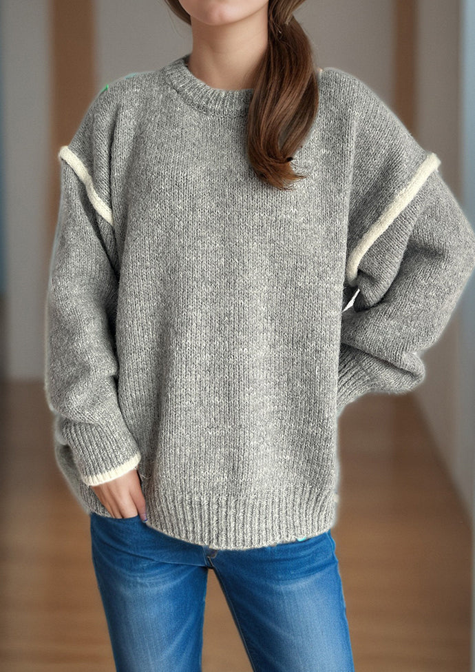 Crew Neck Patchwork Knitted Pullover