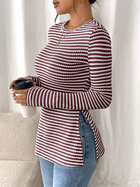 Striped Side Split Long Sleeve Top