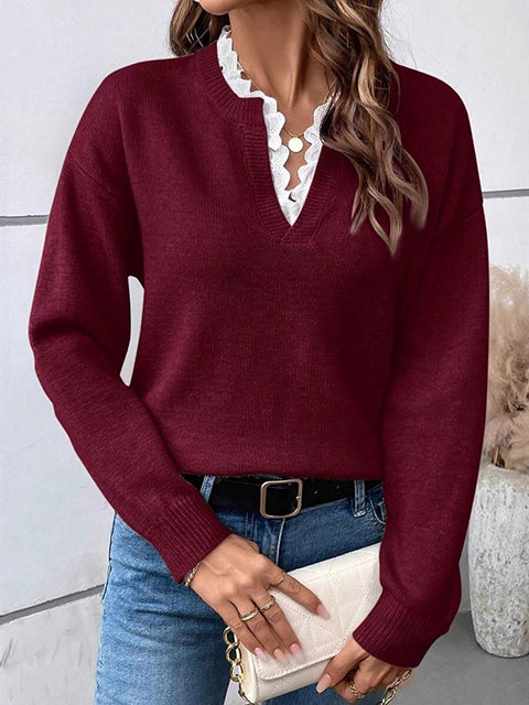 Lace Splicing V-Neck Knitted Sweater