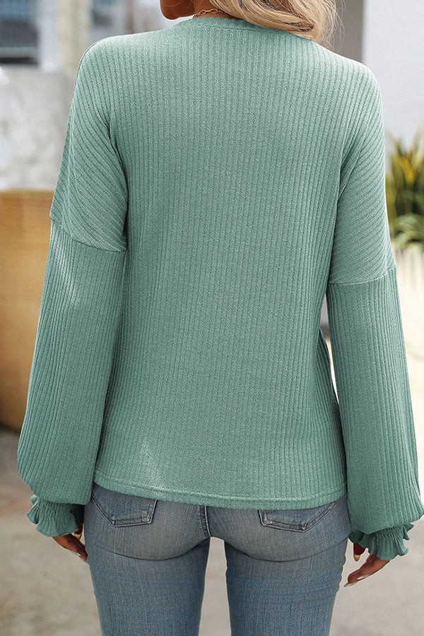 Textured Smocked Cuff Crew Neck Casual T-shirt - T-Shirts & Tunics from Cindelily