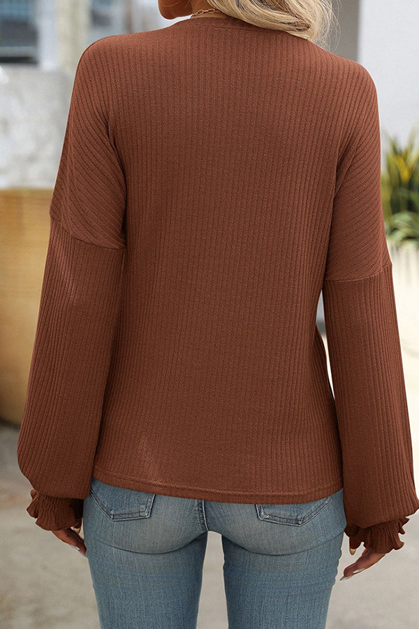 Textured Smocked Cuff Crew Neck Casual T-shirt - T-Shirts & Tunics from Cindelily