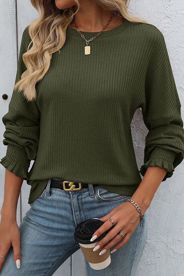 Textured Smocked Cuff Crew Neck Casual T-shirt Olive green - T-Shirts & Tunics from Cindelily