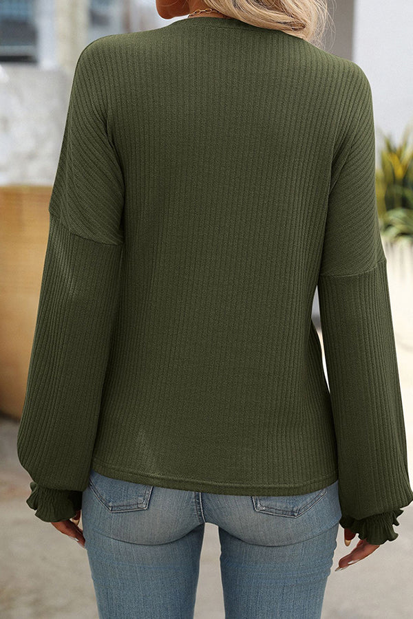 Textured Smocked Cuff Crew Neck Casual T-shirt - T-Shirts & Tunics from Cindelily