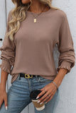 Textured Smocked Cuff Crew Neck Casual T-shirt Khaki - T-Shirts & Tunics from Cindelily