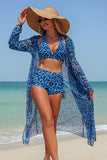 Leopard Print Halter 3-Piece Swim Set Blue - Swimwear from Cindelily