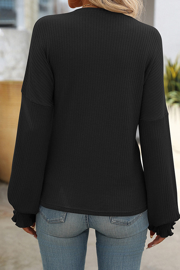 Textured Smocked Cuff Crew Neck Casual T-shirt - T-Shirts & Tunics from Cindelily