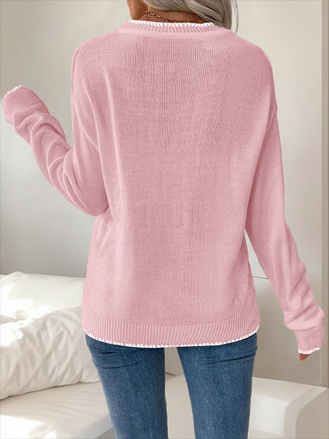 Crew Neck  Bow Jacquard Casual Sweater