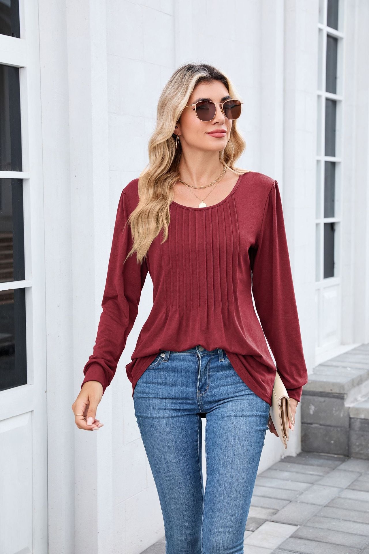 Pleated Crew Neck Long Sleeve Tunic