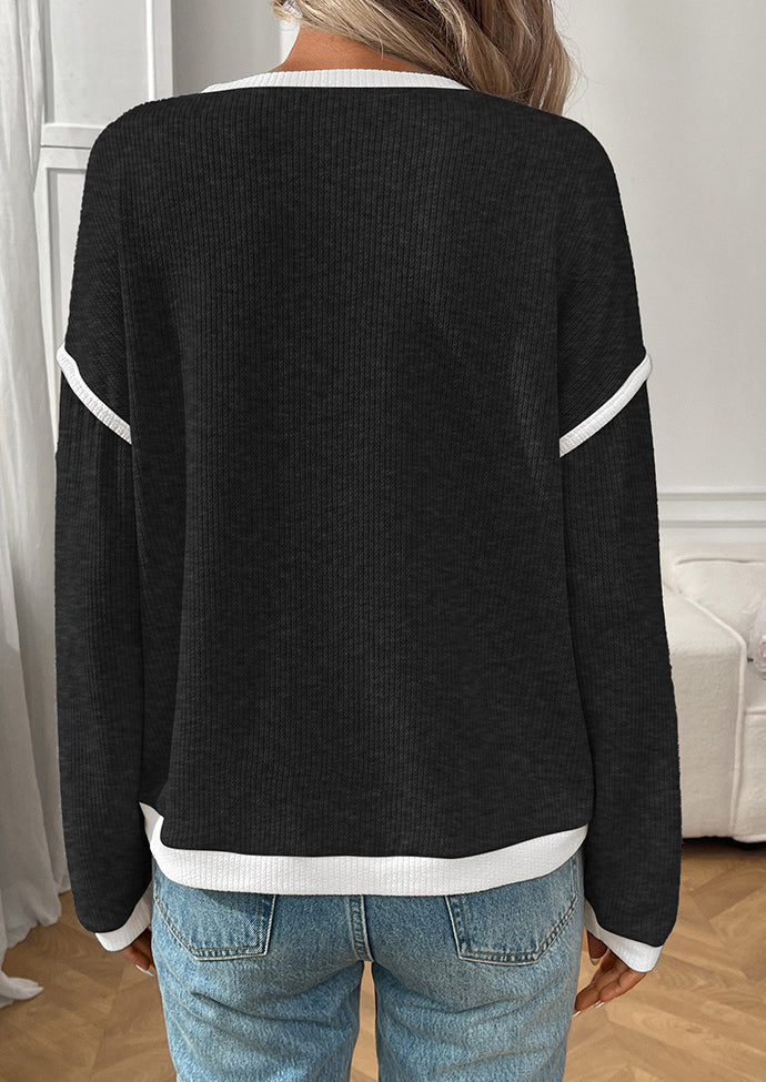 Textured Crew Neck Color Block Casual Top