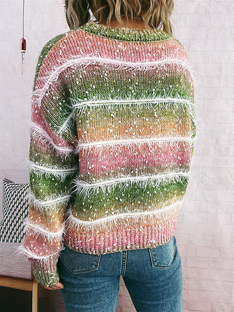 Ombre Fluffy Multi-color Stripe Knitted Sweater
