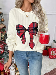 Christmas Gingham Bow Embroidered Crew Neck Sweater