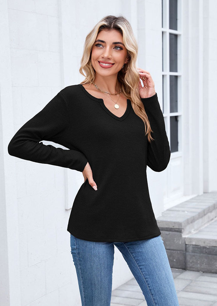 Waffle V Neck Long Sleeve T-shirt