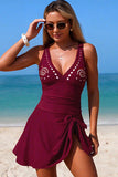 Laser-Cut Floral Wrap-Skirt One-Piece Swimsuit Burgundy - Swimwear from Cindelily