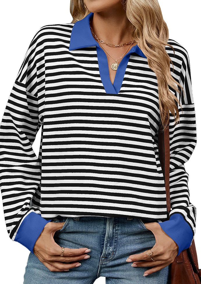 Stripe Color Block V Neck Casual Top