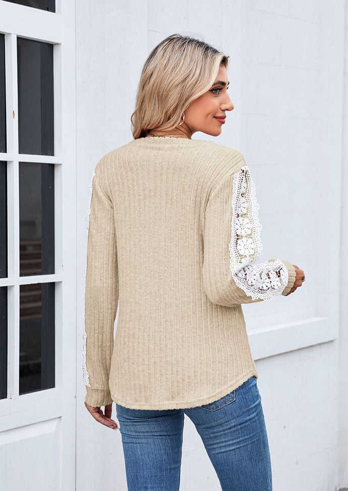 Lace Inset V Neck Long Sleeve T-shirt