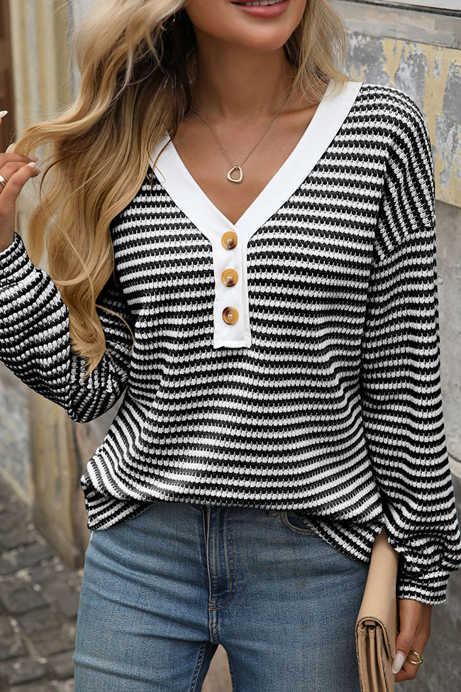 Button Detail V Neck Long Sleeve T-shirt