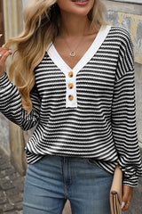 Button Detail V Neck Long Sleeve T-shirt