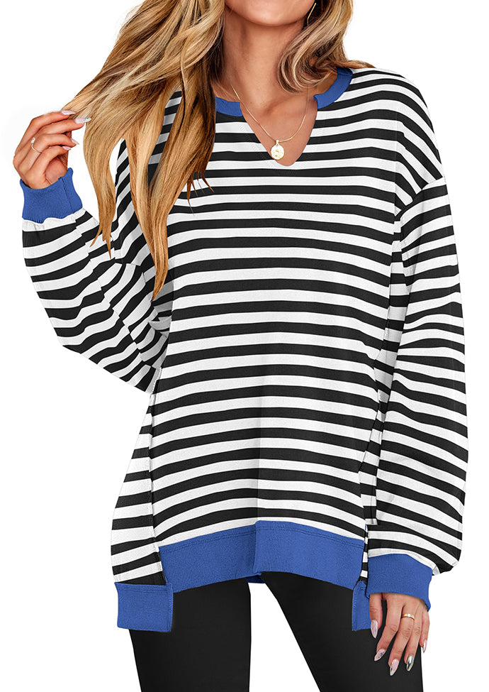 Stripe V Neck Over Size Basic Sweatshirt