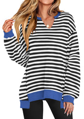 Stripe V Neck Over Size Basic Sweatshirt