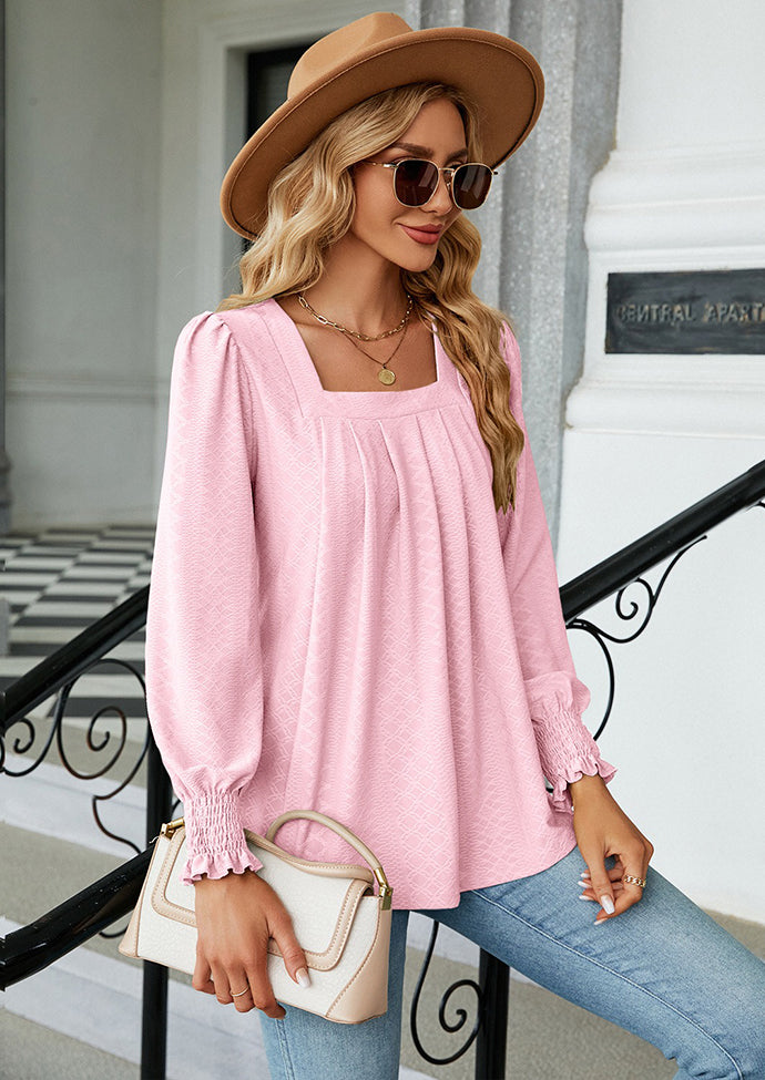 Jacquard Pleated U Neck Casual Blouse