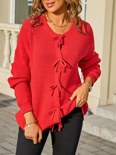 Button Up Bow Tie Knitted Cardigan