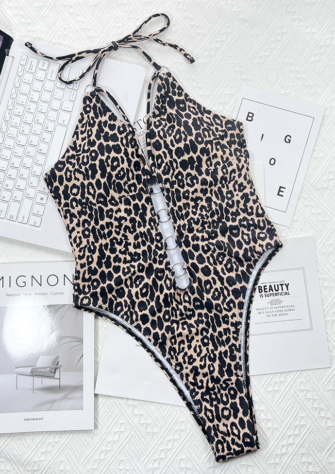 Leopard Print Cutout Halter One Piece Swimsuit