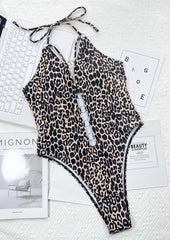 Leopard Print Cutout Halter One Piece Swimsuit