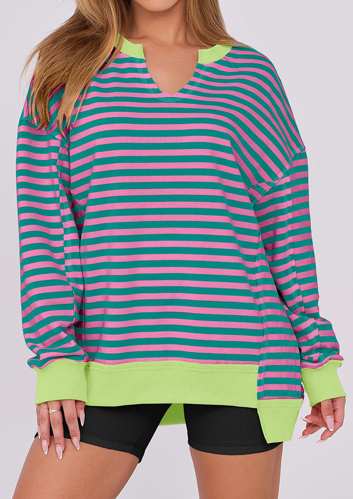 Stripe V Neck Over Size Basic Sweatshirt