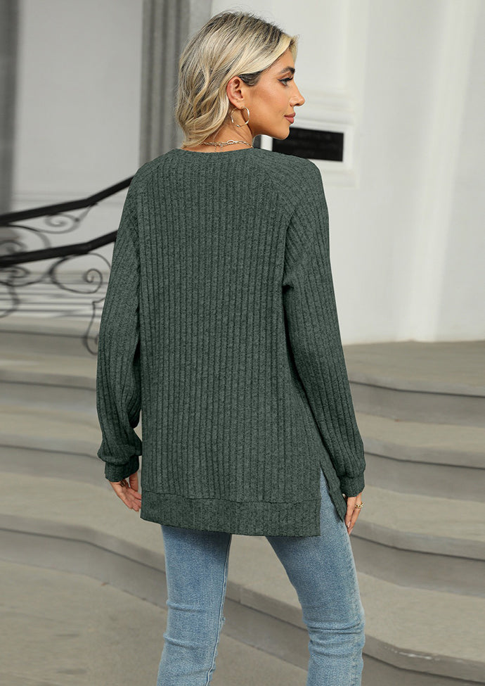 Raglan Sleeve Button Detail Side Split Tunic