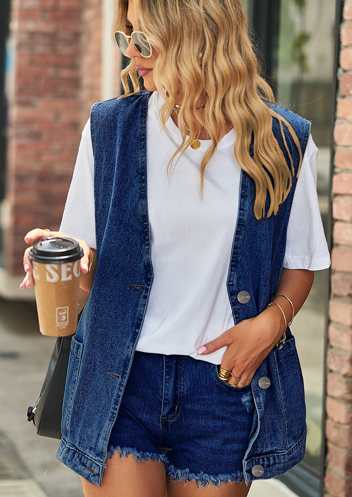 V Neck Button Up Denim Vest with Pockets