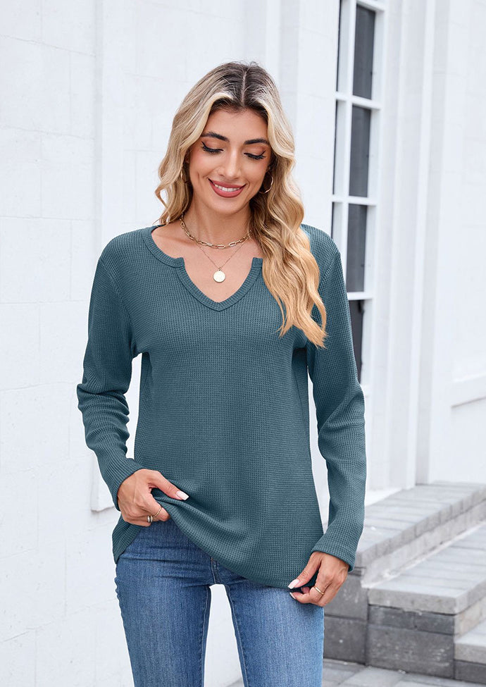 Waffle V Neck Long Sleeve T-shirt